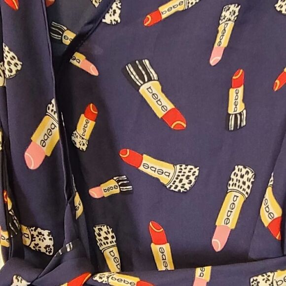 BEBE Denise Full Wrap Ruffle Detail Dress, Red & Pink Lipstick Print Novelty | 2 - Picture 7 of 12
